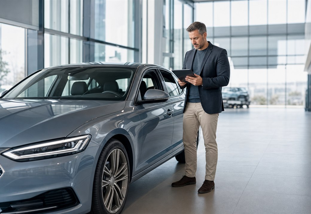 Sachverständiger bewertet ein gepflegtes Fahrzeug mit Tablet