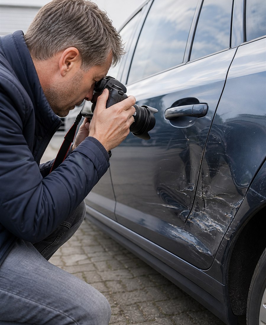 Sachverständiger fotografiert Unfallschaden zur Beweissicherung